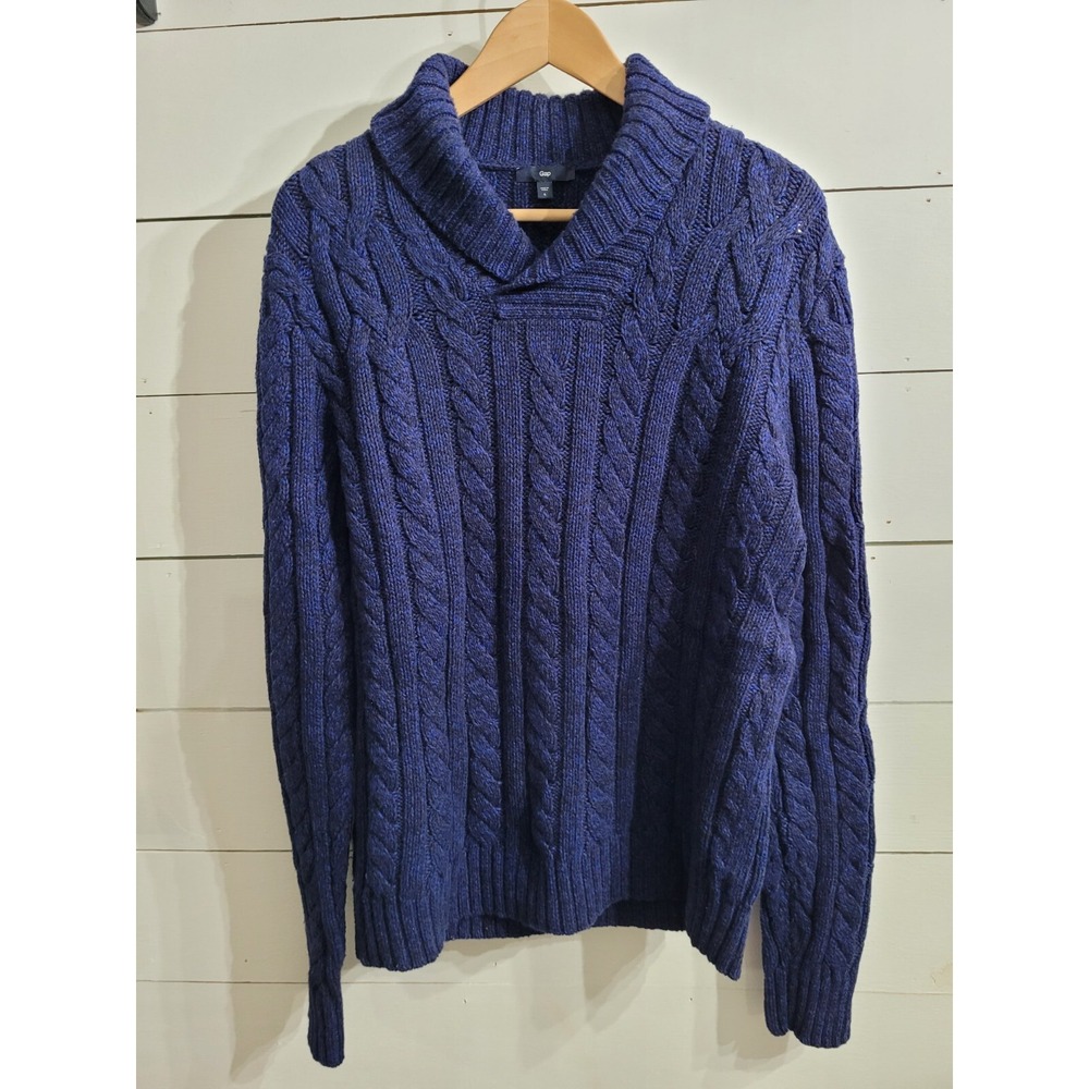 Gap Sweater Mens Large Blue Cable Knit Shawl Collar Pullover Jumper Stretch